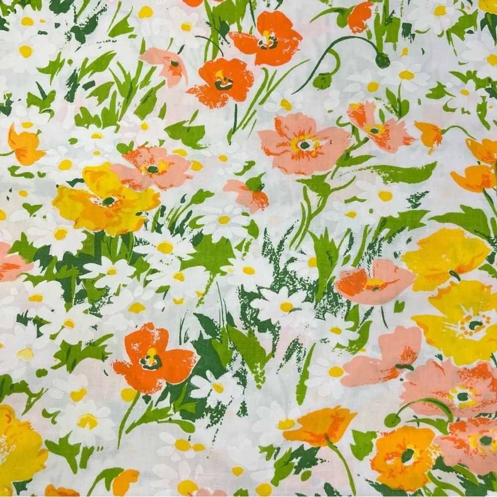 70’s Vintage Twin Fitted Sheet floral percale 0758 green yellow orange
